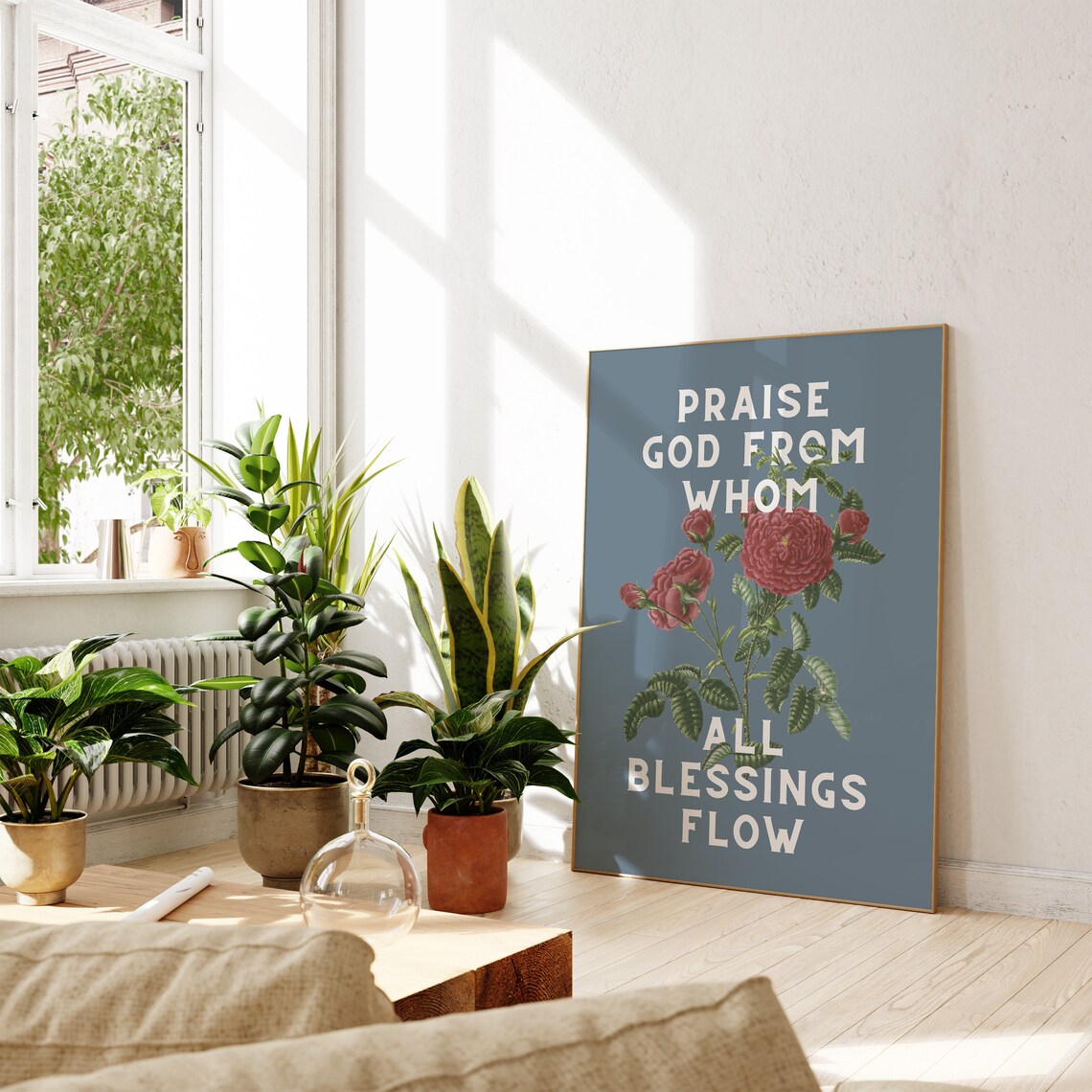 Praise God from Whom All Blessings Flow Vintage Red Roses Blue Art Poster - Image 3