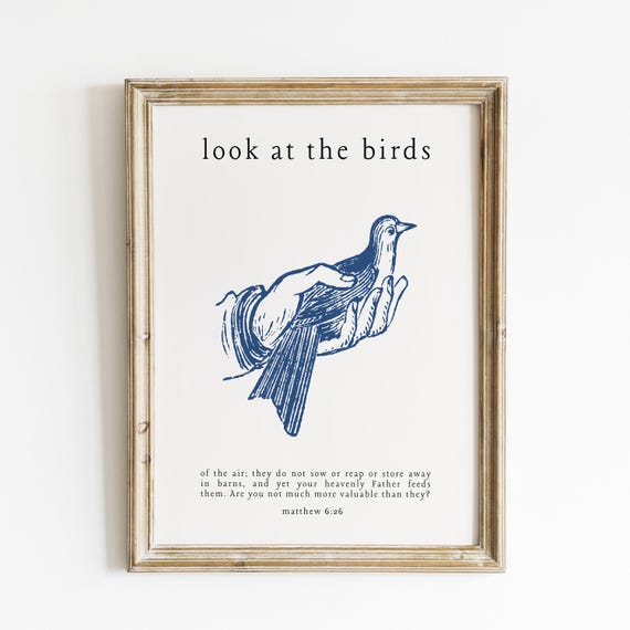 Look At The Birds Bible Verse Wall Art Baptism Gift Minimalist Blue Christian Typography Trendy Art Print
