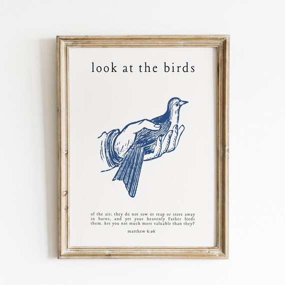 Look At the Birds Matthew 6:26 Hand Holding Bird Vintage Poster