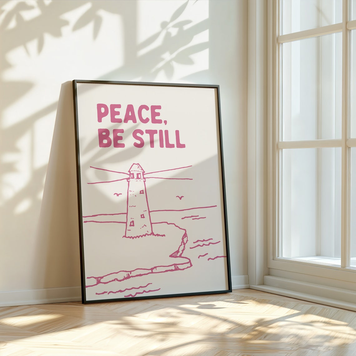 Peace Be Still Pink Retro Lighthouse Coastal Christian Poster Art - Image 3