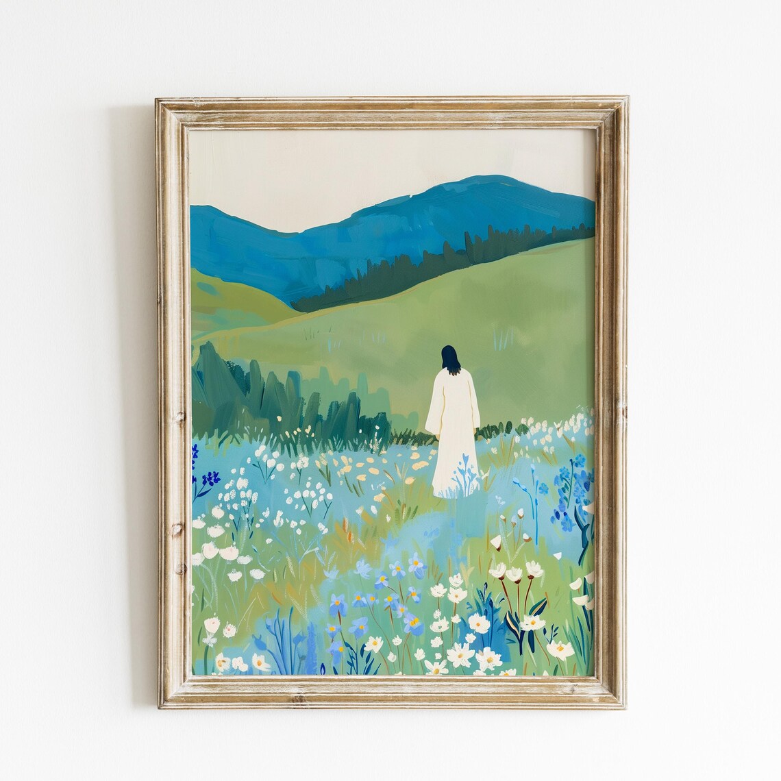 Jesus Walking In Wildflower Field, Christian Landscape Art Print