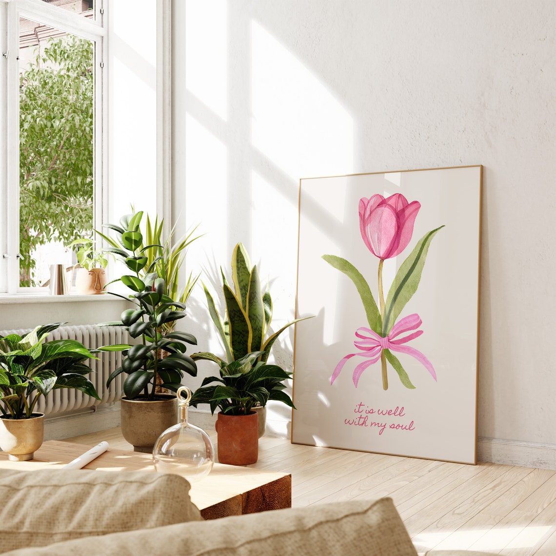 It Is Well With My Soul Pink Tulip Bow Watercolor Art Poster - Image 4