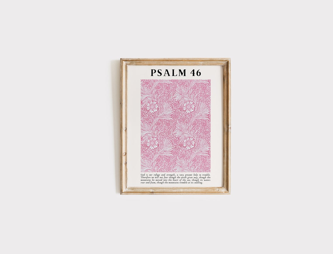 Psalm 46 Pink William Morris Floral Pattern Scripture Poster - Image 3