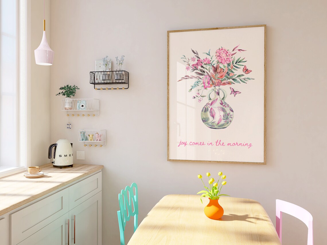 Joy Comes in the Morning Watercolor Floral Vase Butterfly Pastel Art Poster - Image 4