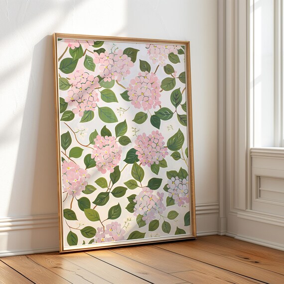 Pink Hydrangea Flower Pattern Botanical Preppy Wall Decor Poster