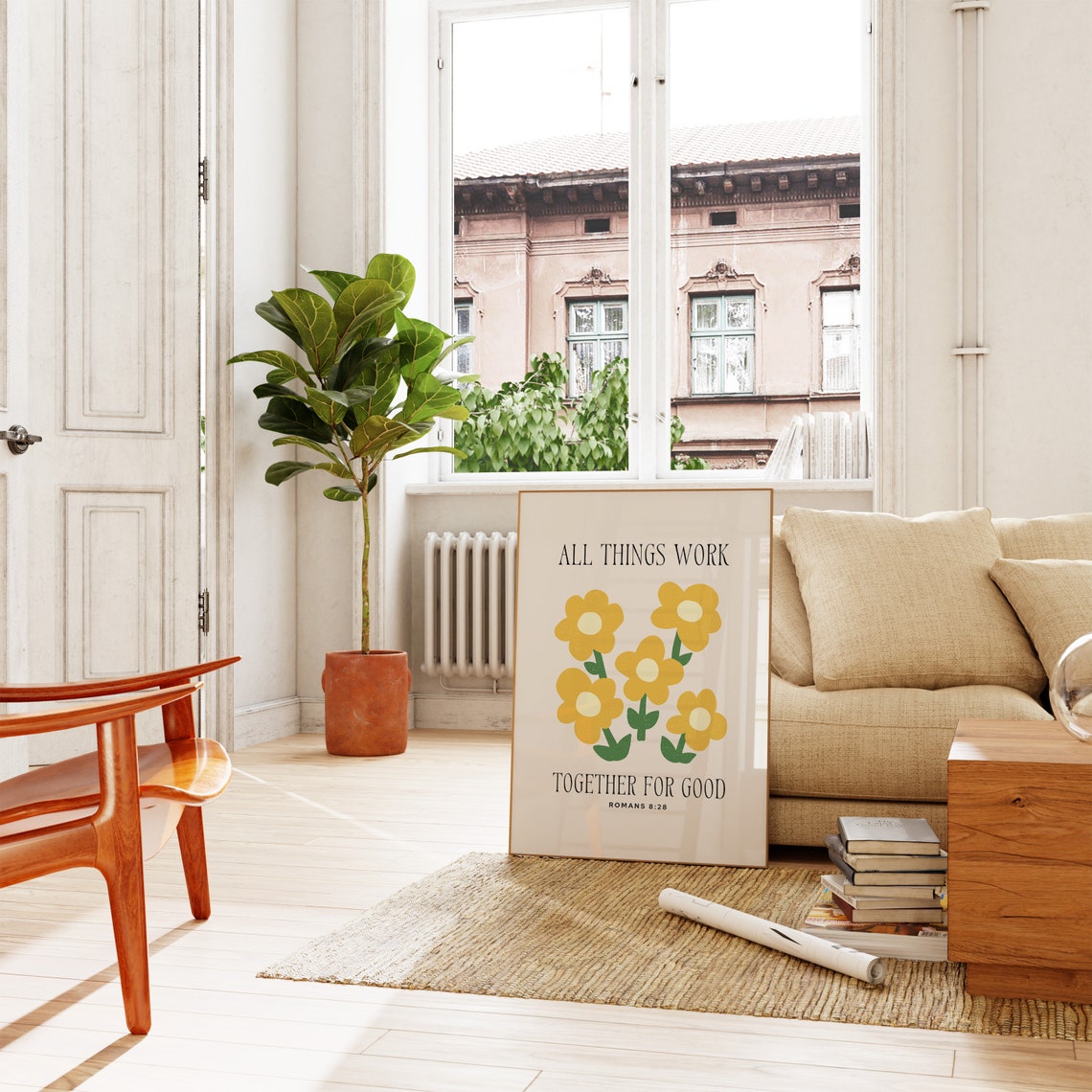 All Things Work Together for Good Sunny Yellow Floral Poster Art - Image 3