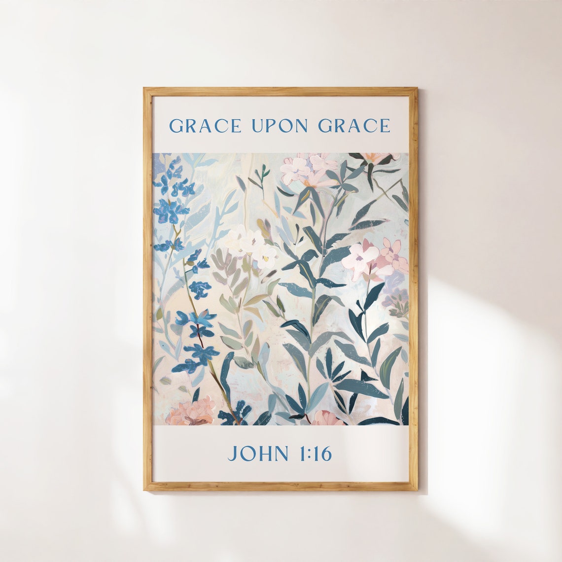 John 1:16 Grace Upon Grace Blue Wildflower Watercolor Bible Poster