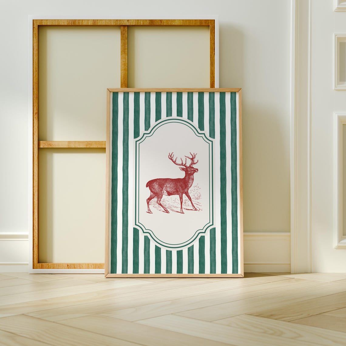 Vintage Red Deer Stag Engraving Green Striped Wildlife Art Print - Image 3