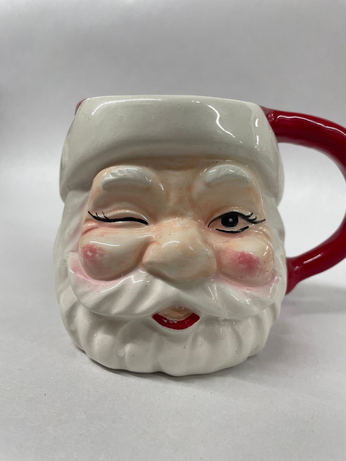 Retro Winking Santa Claus Ceramic Mug Red Handle Christmas Coffee Cup - Image 2