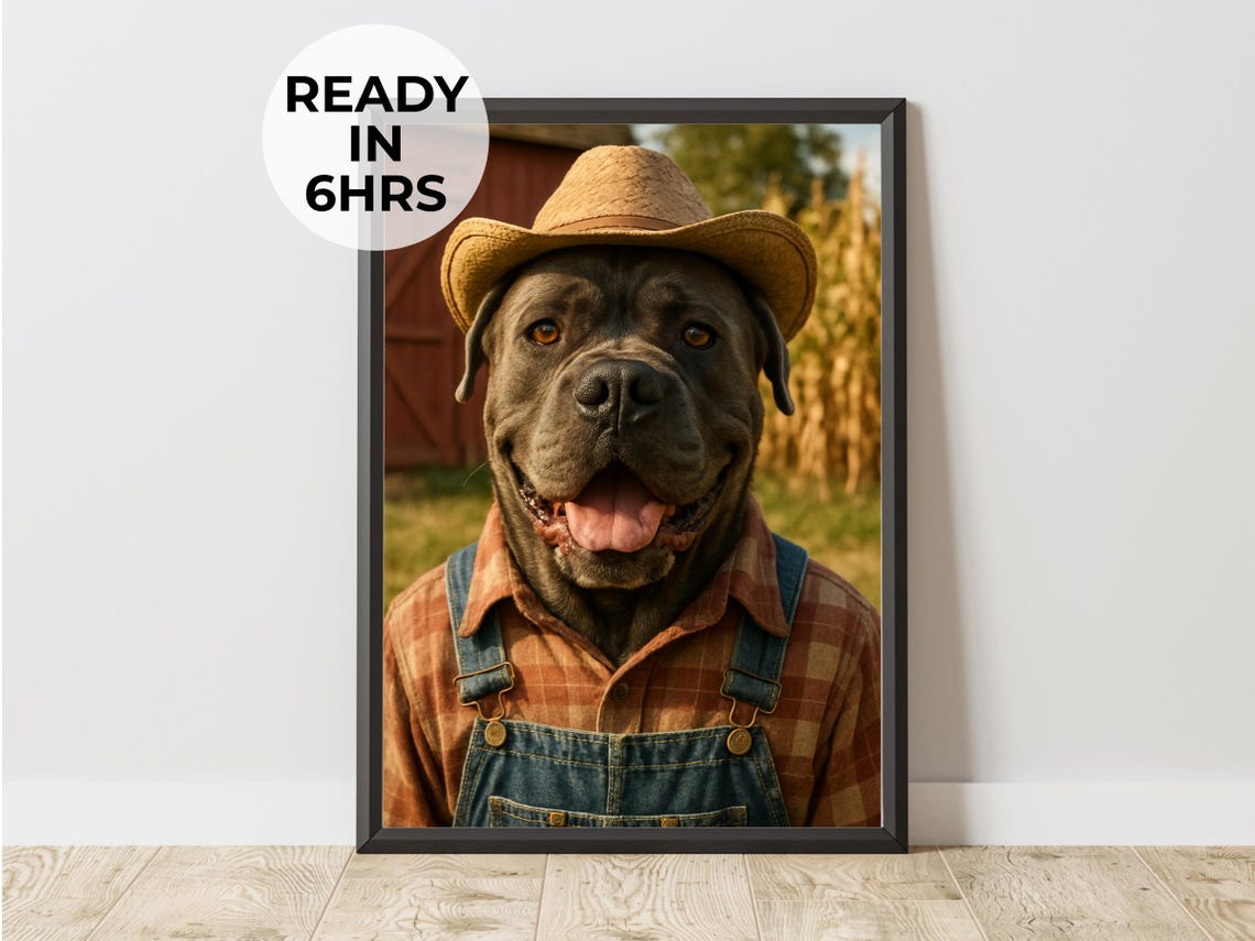 Cane Corso Dog Farmer Costume Poster Straw Hat and Denim Overalls