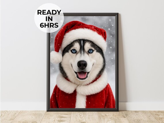 Husky Dressed as Santa Snow Christmas Holiday Dog Portrait Poster