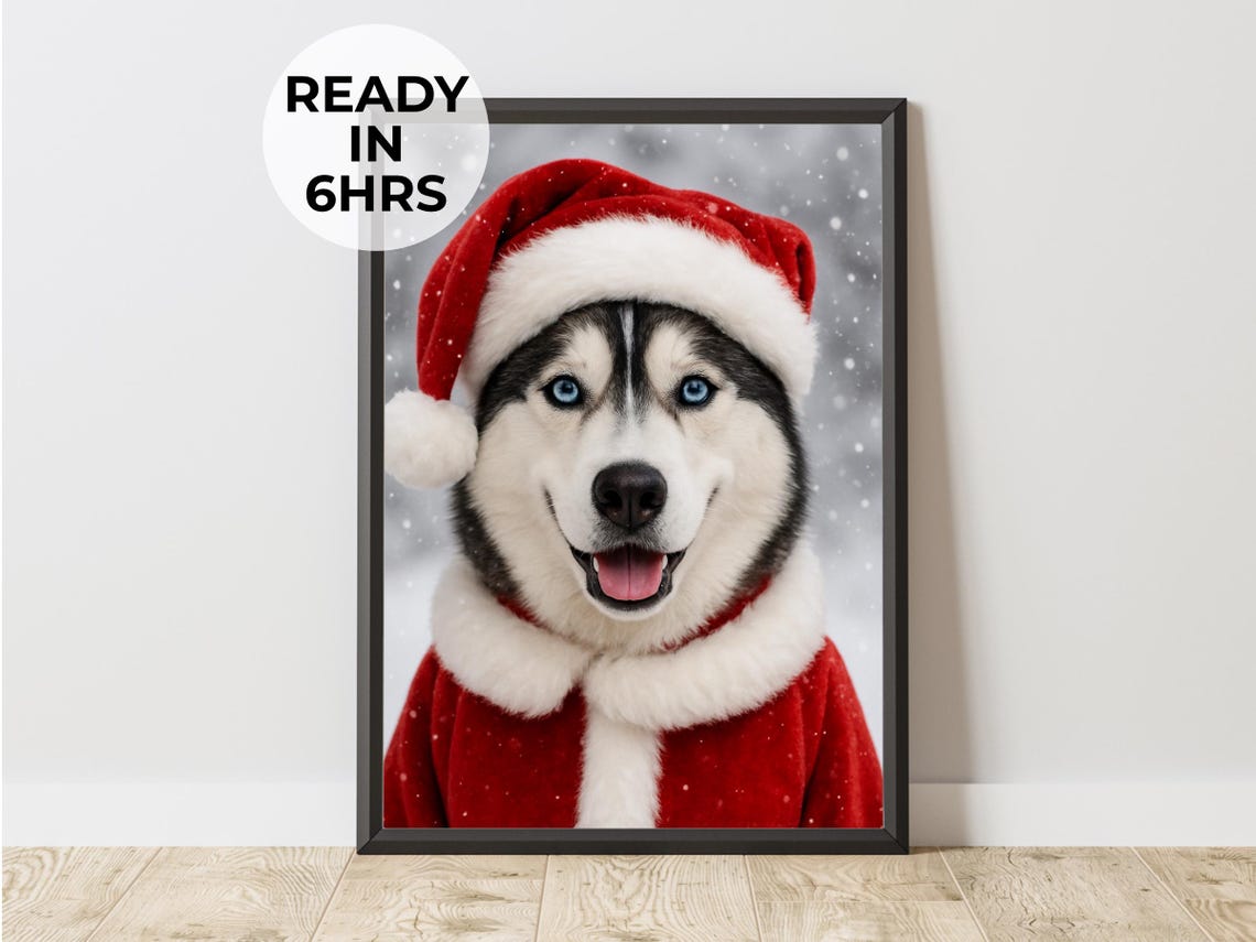 Husky Dressed as Santa Snow Christmas Holiday Dog Portrait Poster