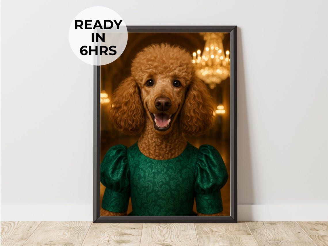Regal Poodle in Emerald Regency Gown Grand Hall Portrait Poster