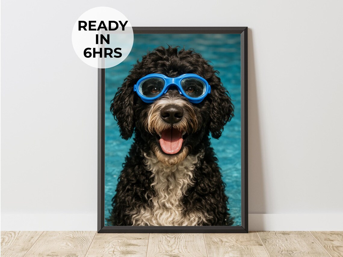 Swimmer Pet Portrait, Funny Dog Cat Pool Art
