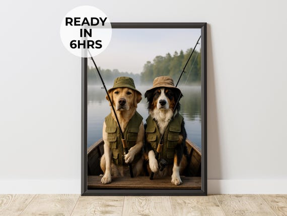 Custom Fishing Pet Portrait Angler Dog Art Outdoors Gift