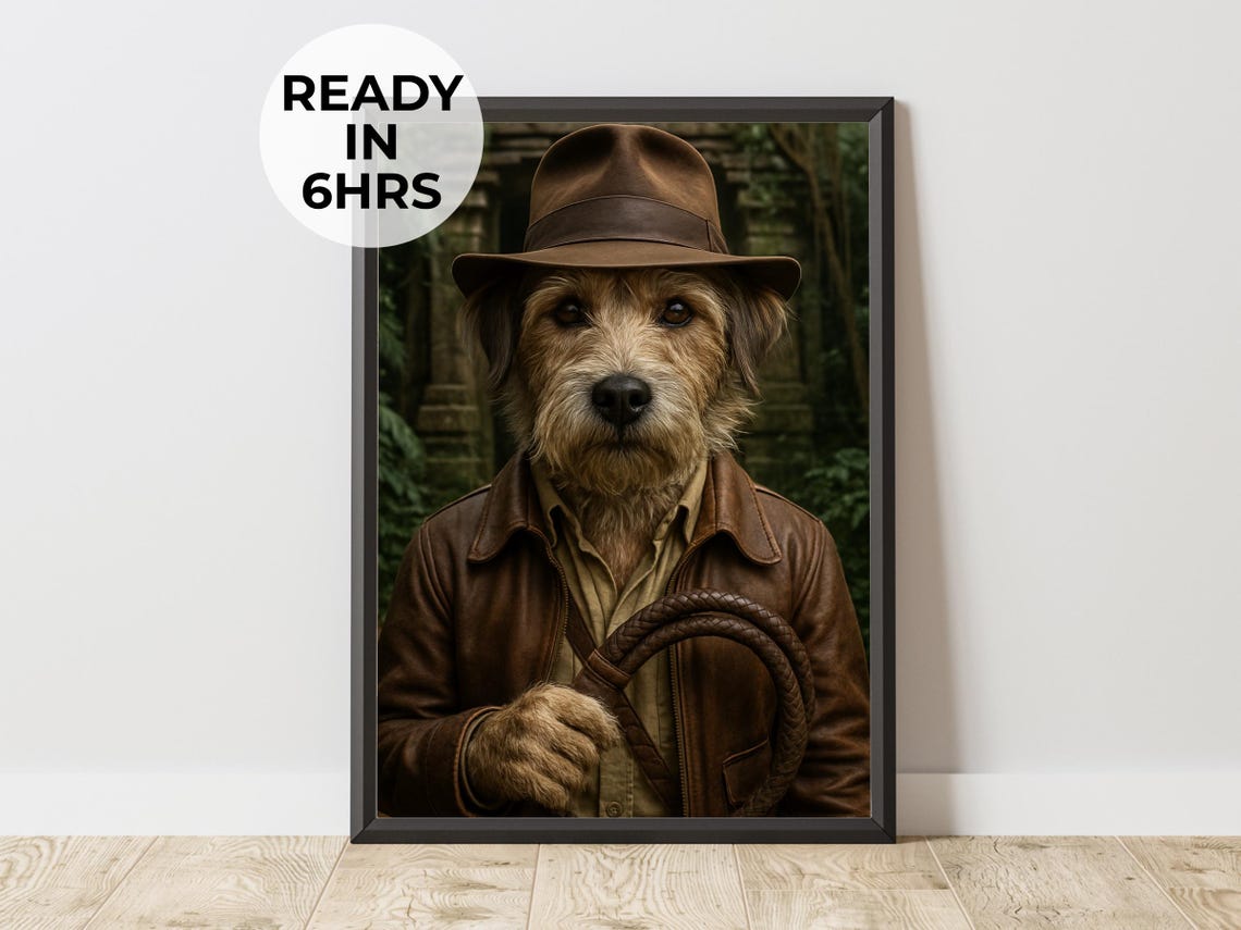 Indiana Jones Style Terrier Explorer Fedora Dog Portrait Poster