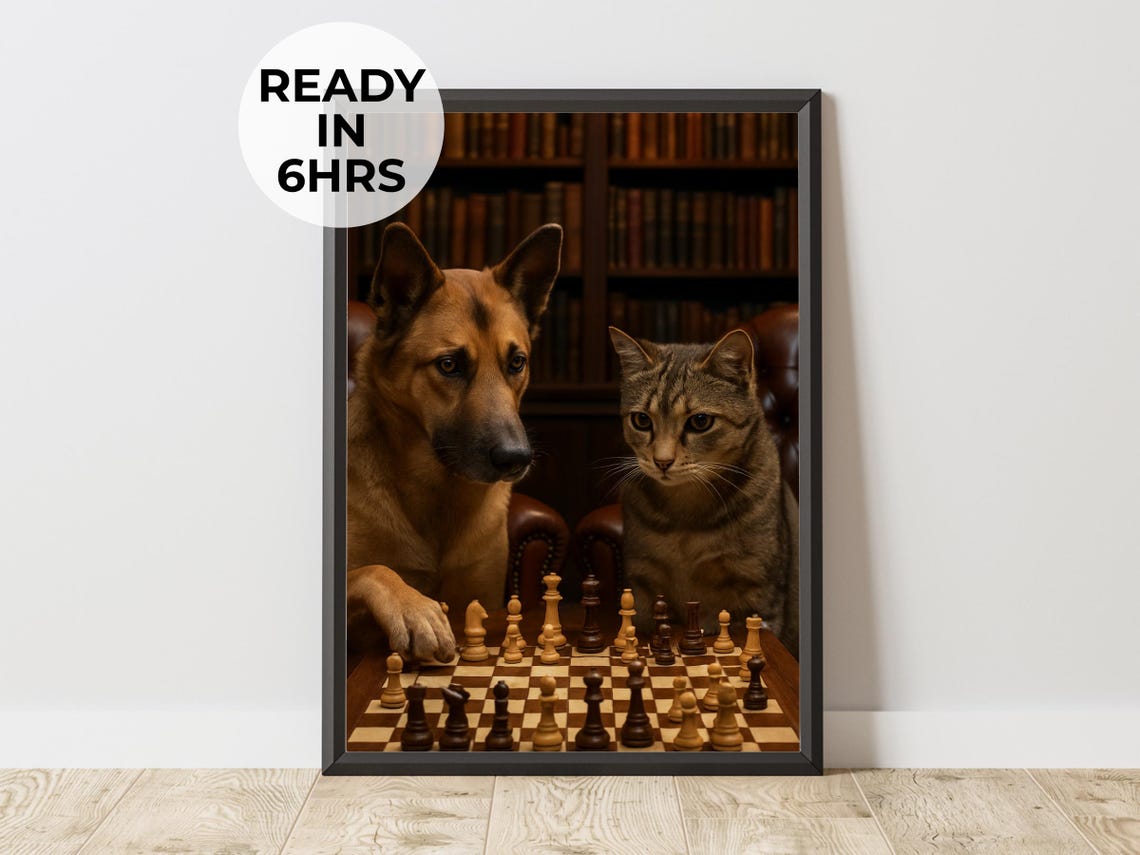Dog and Cat Playing Chess Library Funny Animals Game Night Poster