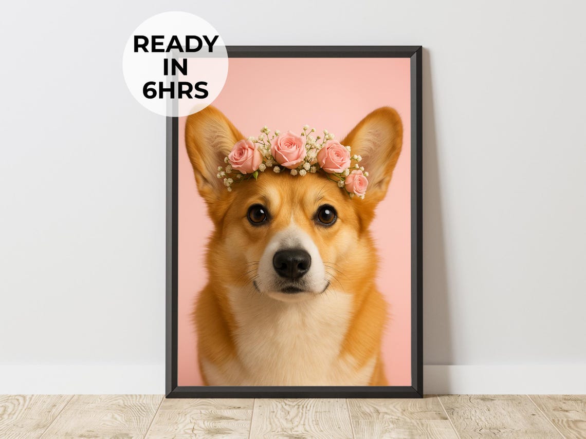 Custom Floral Corgi Pet Portrait Pink Rose Flower Crown Dog Poster