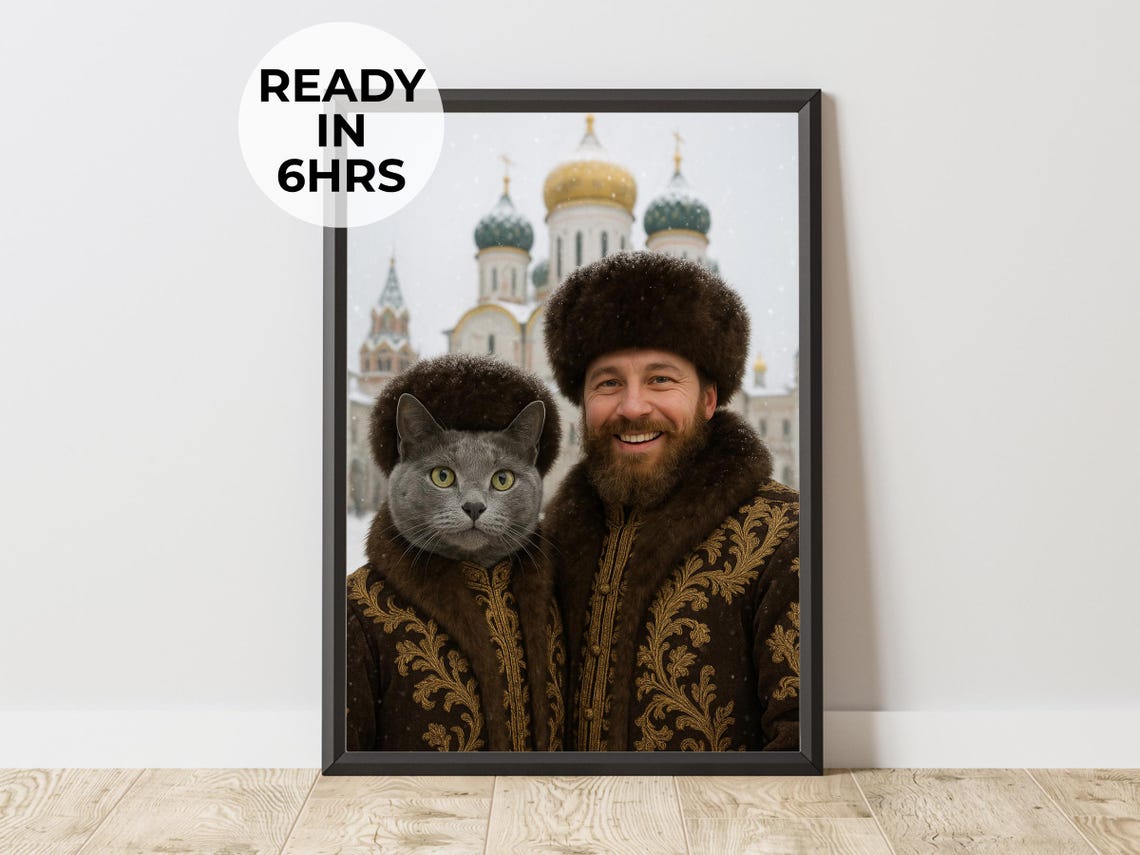Russian Winter Cat Portrait Fur Coat Snow Cathedral Scene Poster