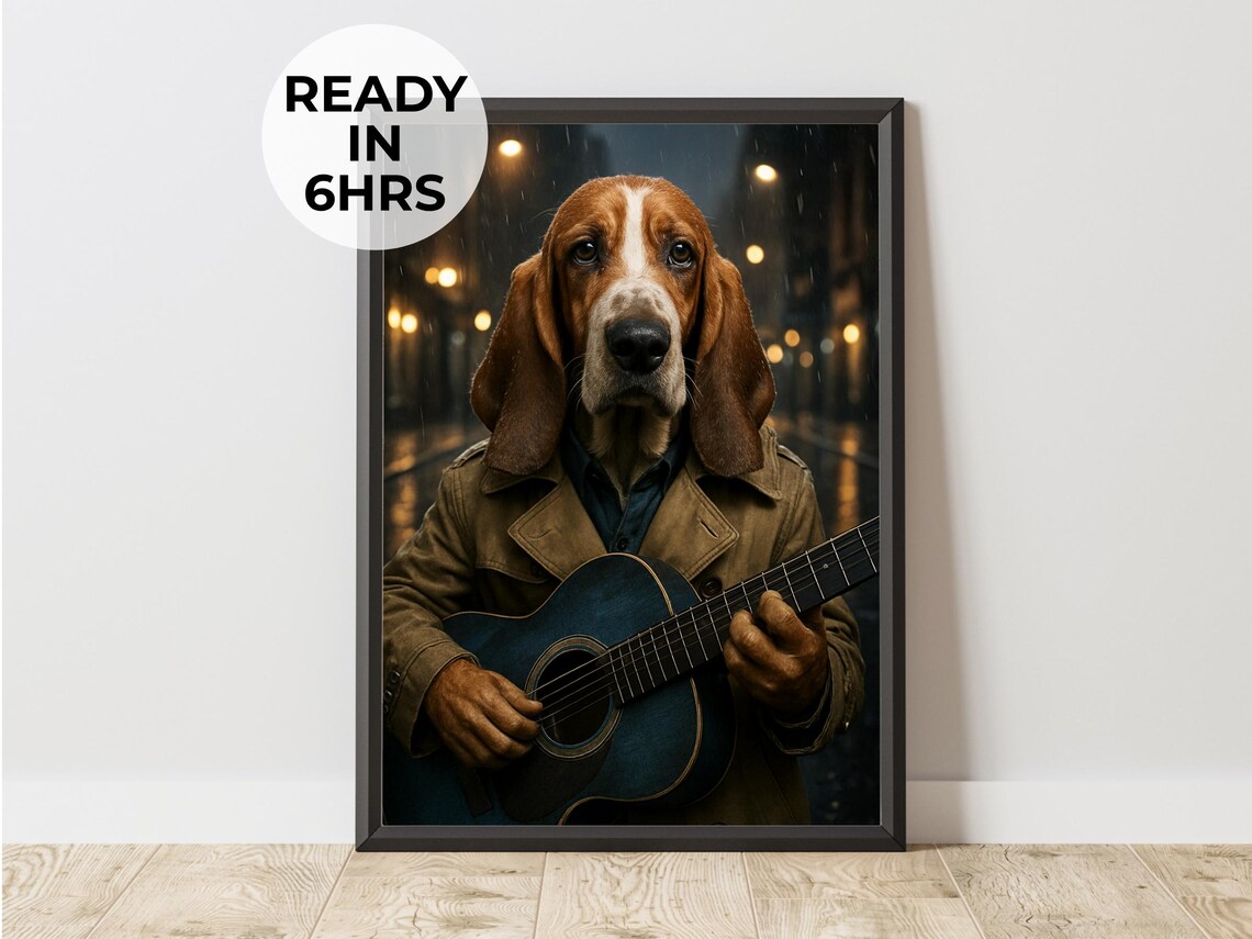 Basset Hound In Trench Coat Playing Acoustic Guitar Night Art Poster
