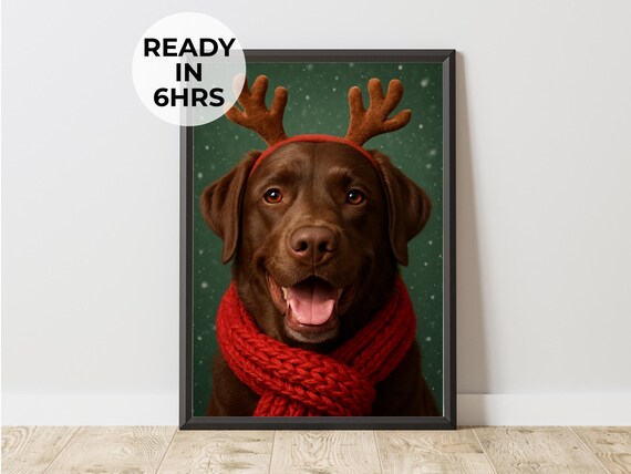 Labrador Reindeer Portrait Poster Funny Christmas Dog with Antlers Art