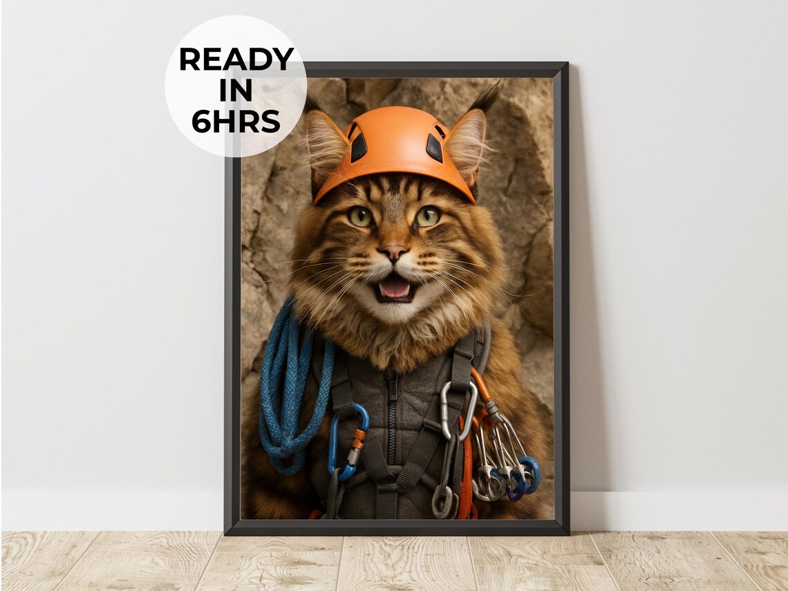 Rock Climber Pet Portrait, Funny Adventure Art Print