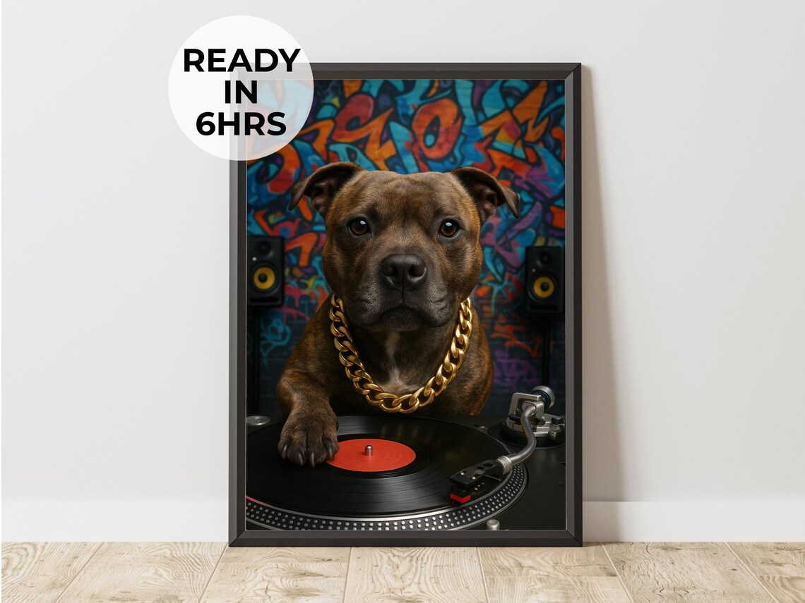 Hip Hop Dog DJ Gold Chain Graffiti Turntable Funny Pet Portrait Poster