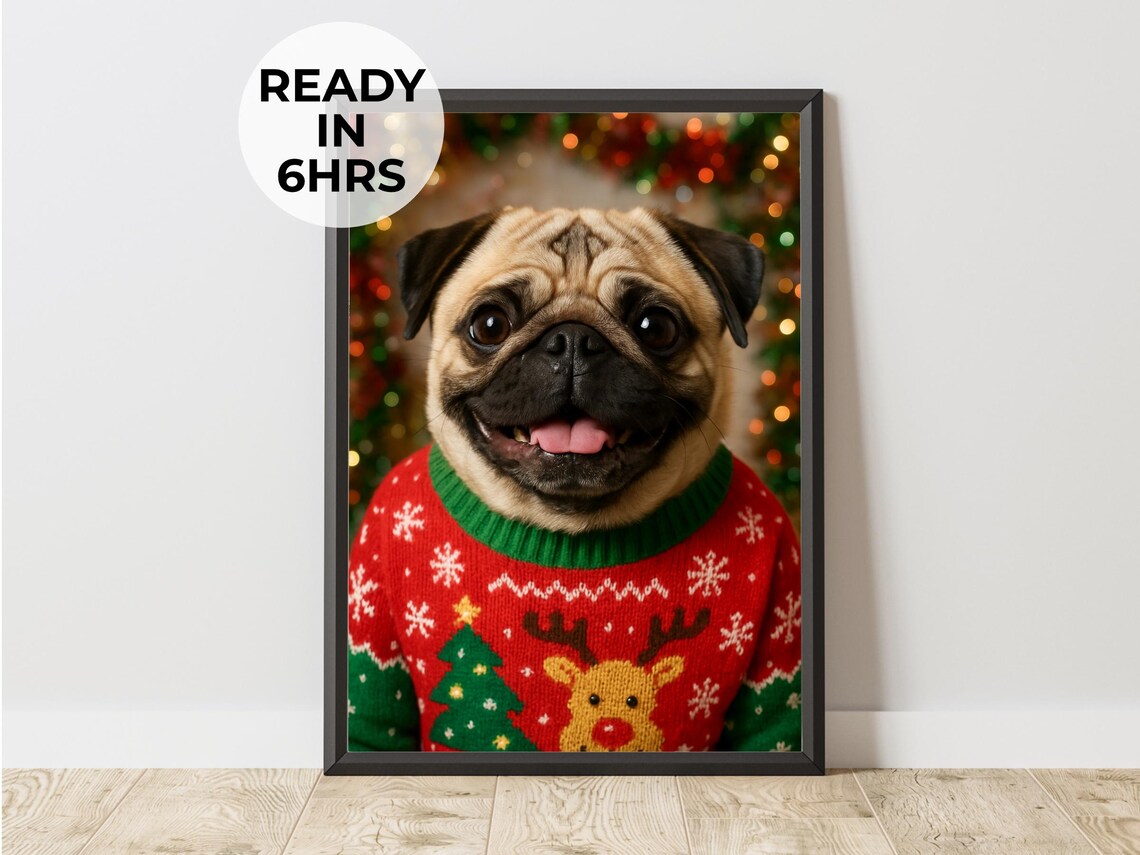 Custom Ugly Christmas Sweater Pug Dog Portrait Funny Holiday Pet Poster