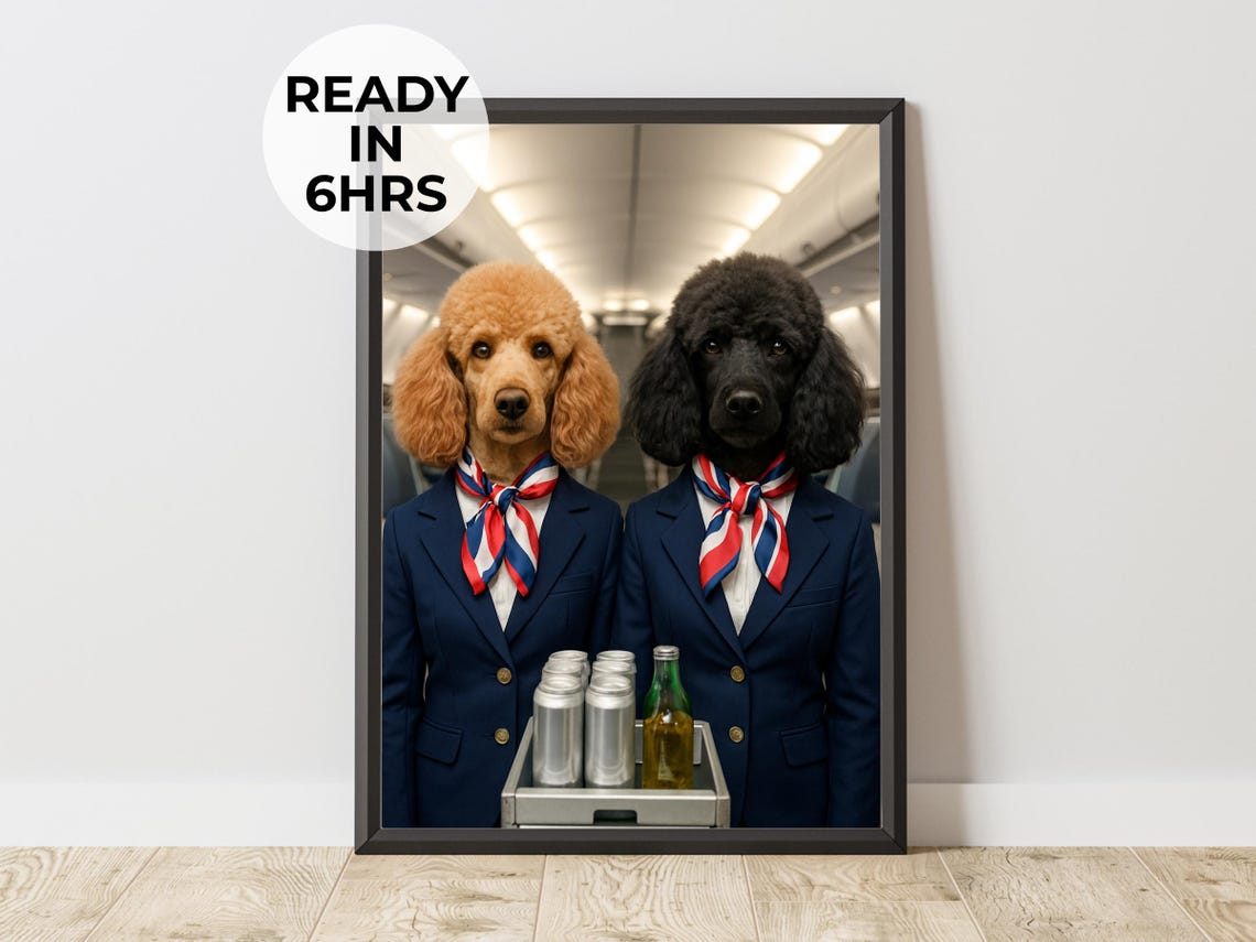 Flight Attendant Poodles Airplane Cabin Funny Dog Pet Portrait Poster