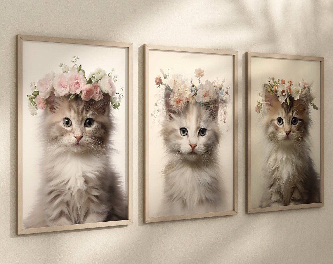 Set Of 3 Cute Kitten Portraits With Floral Crowns Nursery Poster