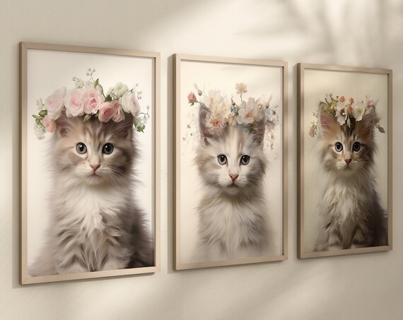 Set Of 3 Cute Kitten Portraits With Floral Crowns Nursery Poster