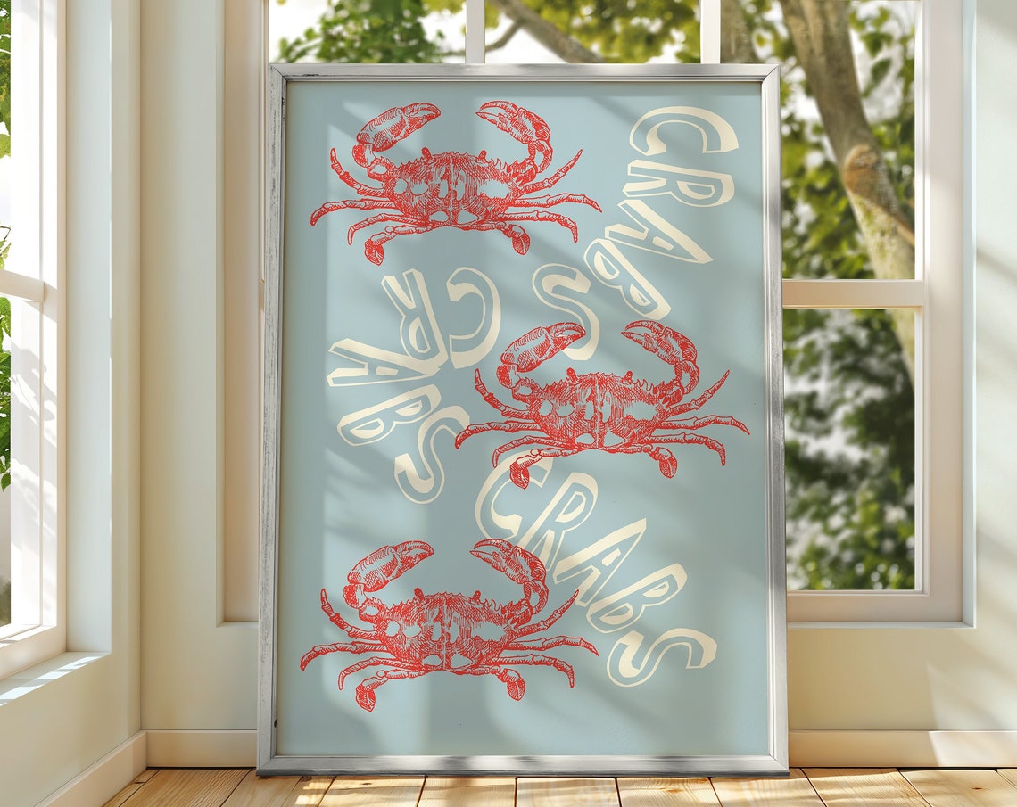 Red Crab Trio Blue Background Bold Crab Pattern Kitchen Poster