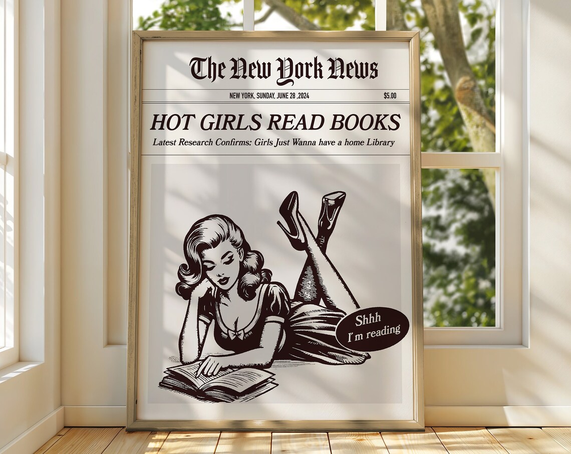 Hot Girls Read Books Vintage Newspaper Style Pin Up Reader Poster