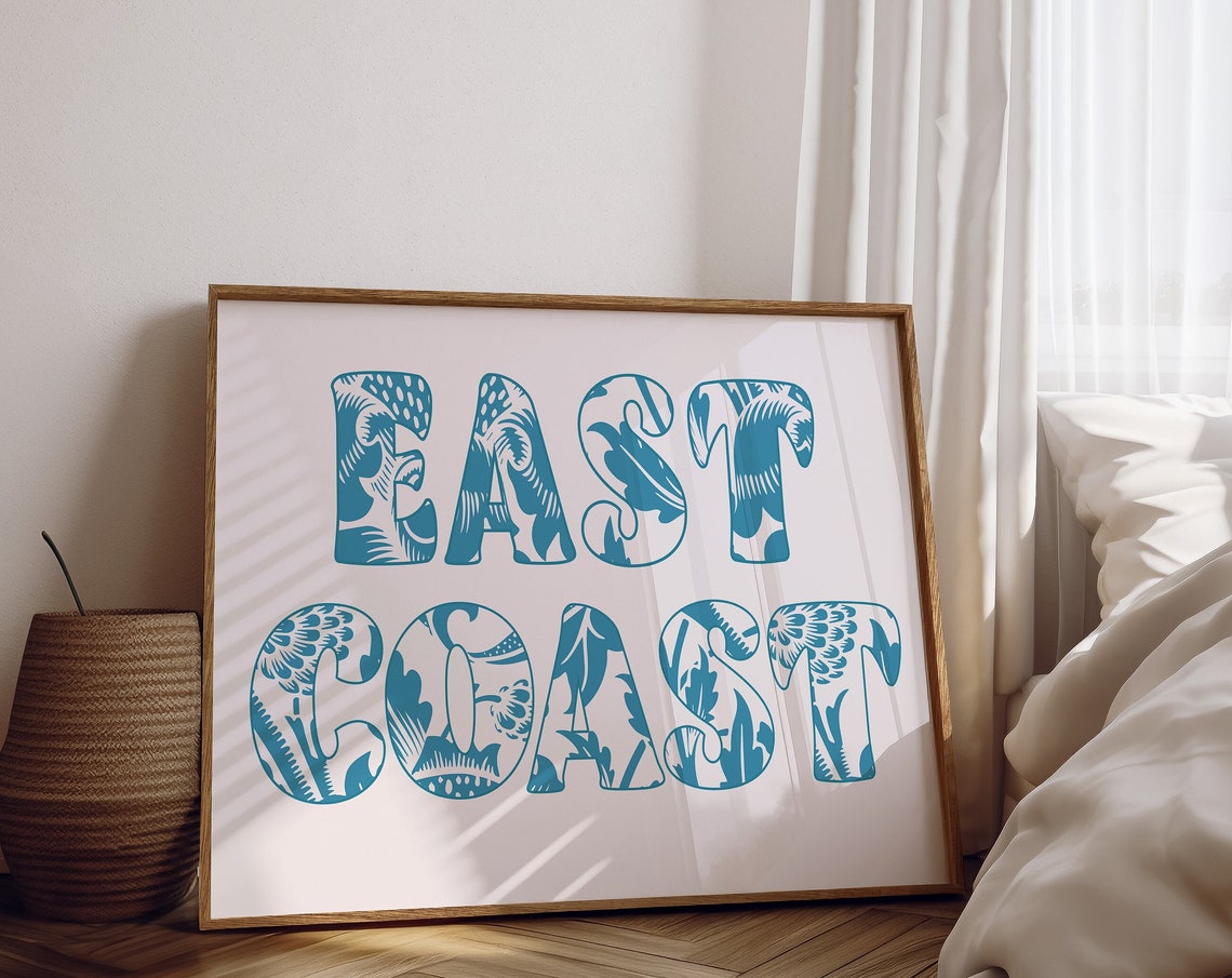 East Coast Blue Paisley Patterned Letters Coastal Decor Poster