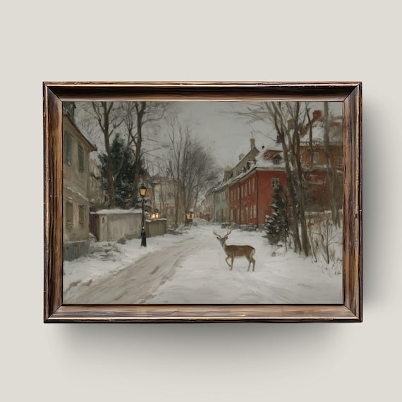 Snowy Village Street Deer Winter Wonderland Oil Painting Print