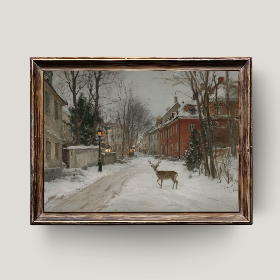 Snowy Village Street Deer Winter Wonderland Oil Painting Print