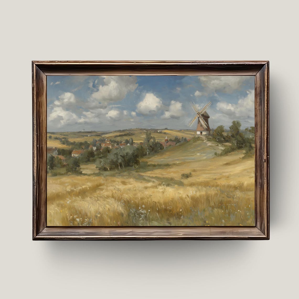 Windmill Hill Golden Wheat Fields Vintage Village Art Poster