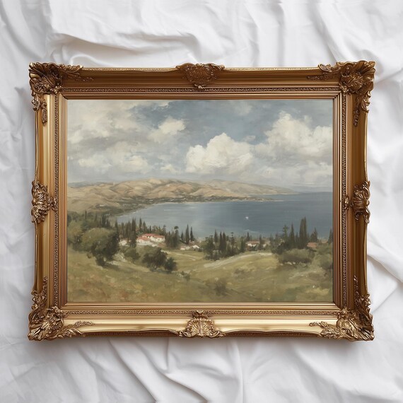 Mediterranean Hillside Coastal View Golden Countryside Art Print
