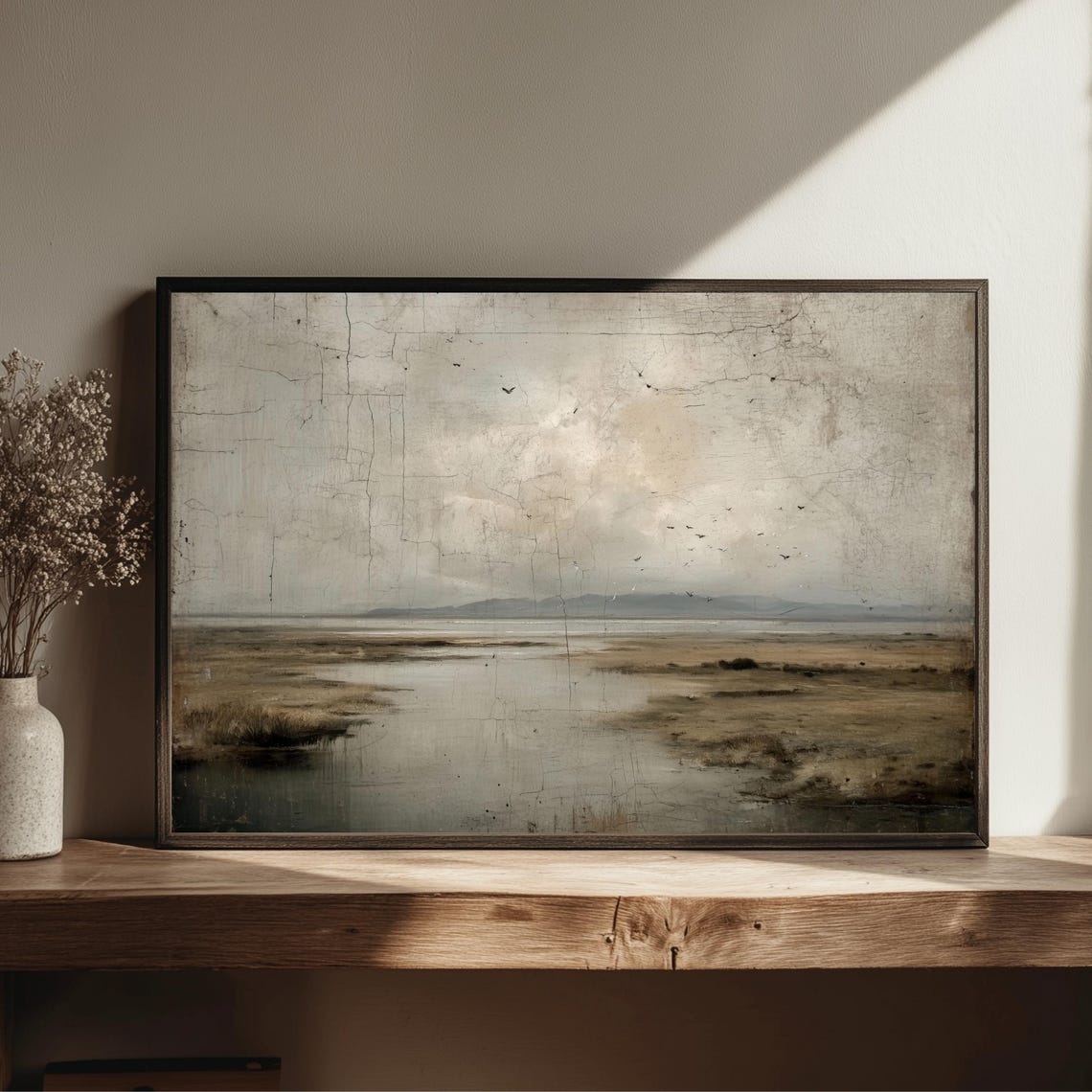 Rustic Neutral Marshland Landscape Vintage Oil Painting Print