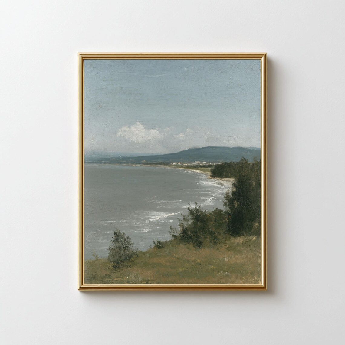 Calm Coastal Ocean View Muted Landscape Oil Painting Vintage Wall Art