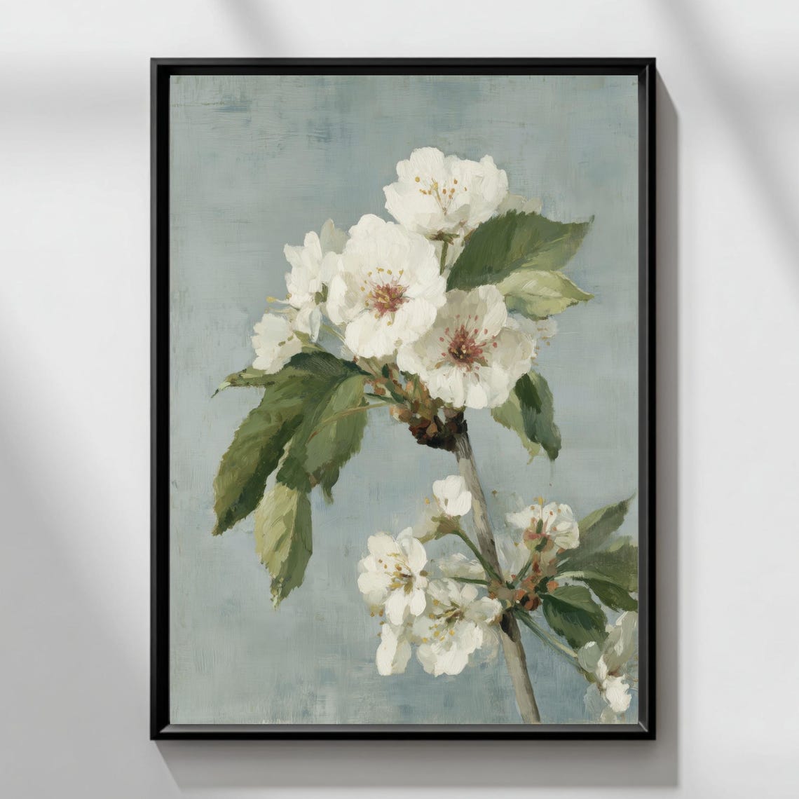 White Cherry Blossom Branch Painting on Soft Blue Canvas Art Print