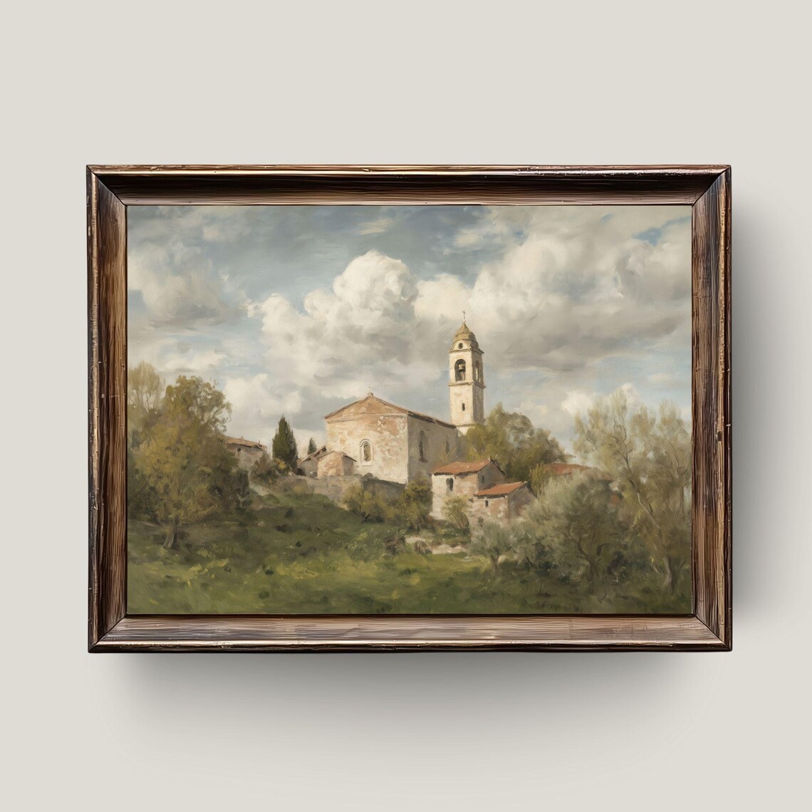Rustic Italian Village Church Bell Tower Vintage Landscape Poster