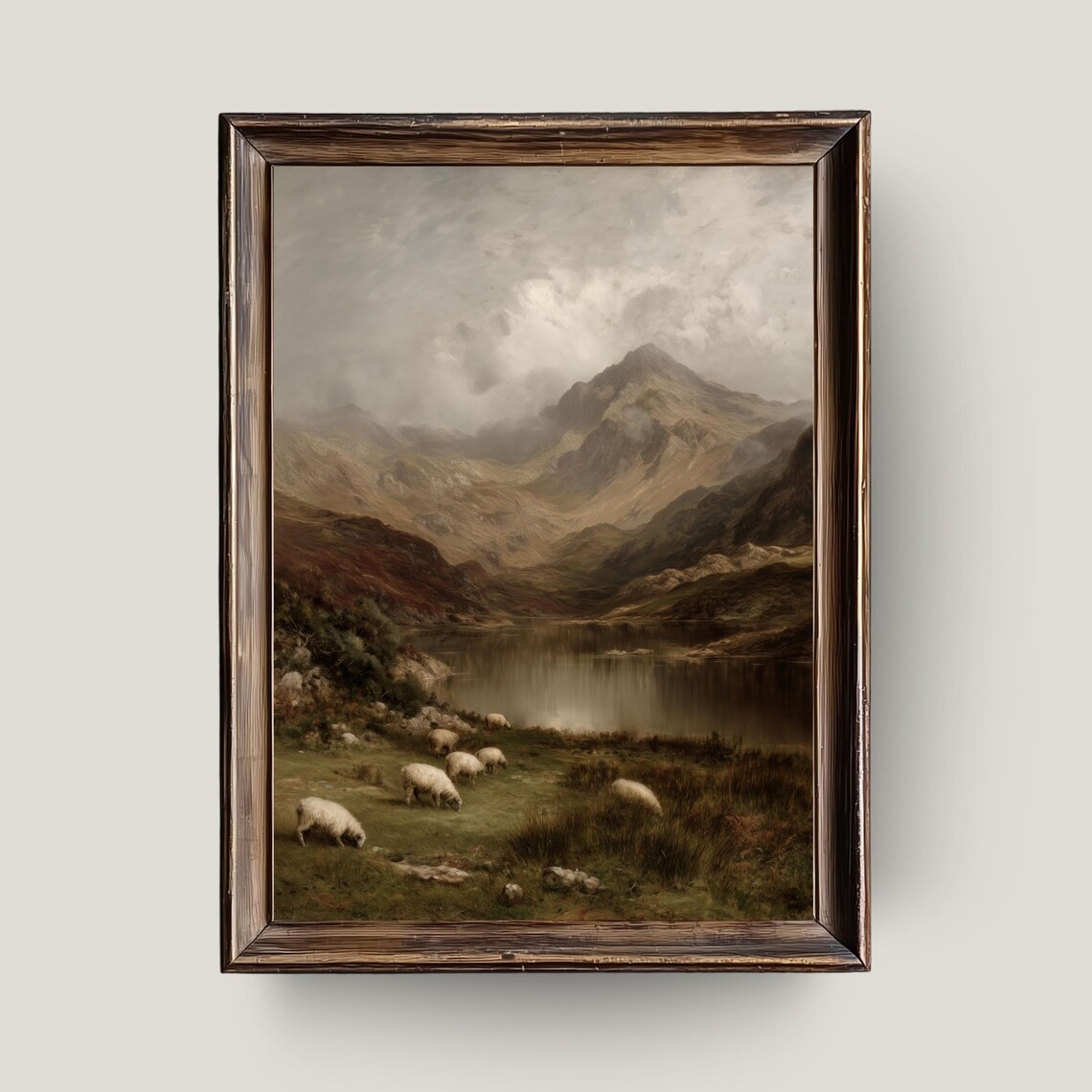 Pastoral Mountain Valley Painting Sheep Meadow Lake Vintage Landscape Wall Art
