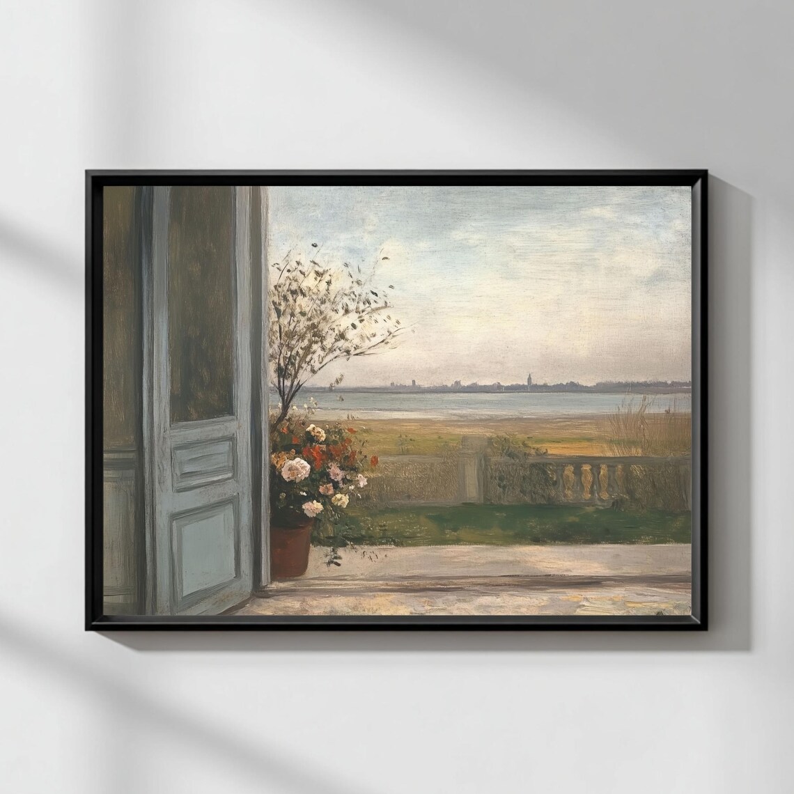 Open Terrace Flowers Coastal Lagoon Distant Town Serene View Art Poster