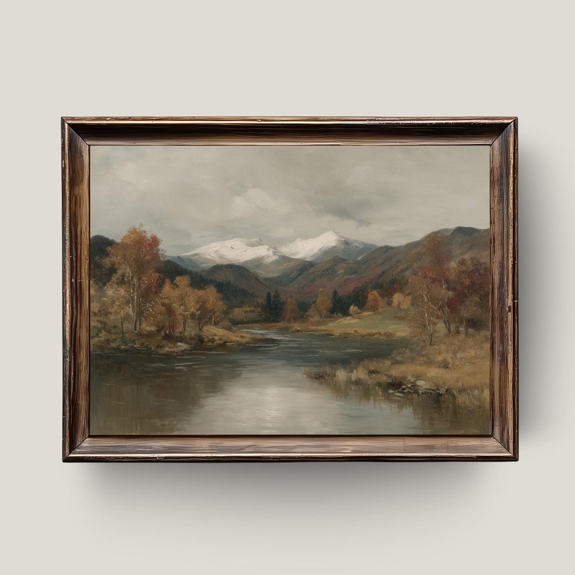 Snowy Mountain River Autumn Landscape Vintage Nature Painting Poster