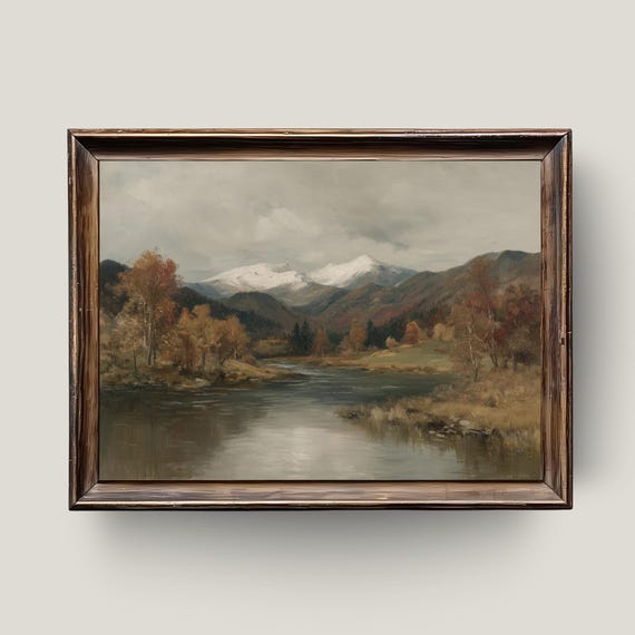 Snowy Mountain River Print Vintage Autumn Landscape