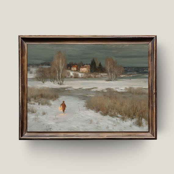 Winter Lantern Walk Print Child In Snowy Village Rustic Holiday Decor
