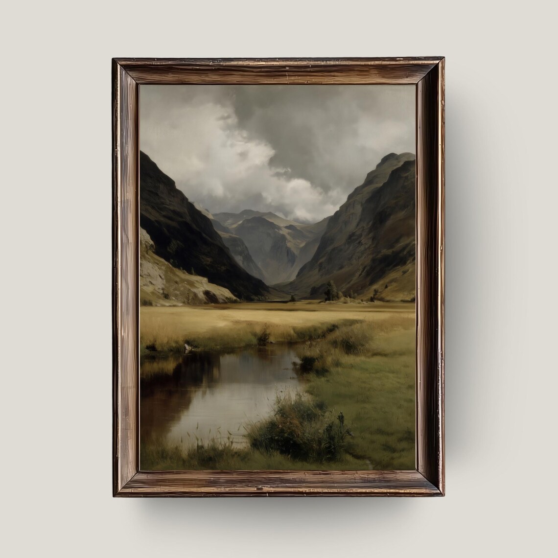 Misty Mountain Valley River Painting Moody Nature Landscape Print