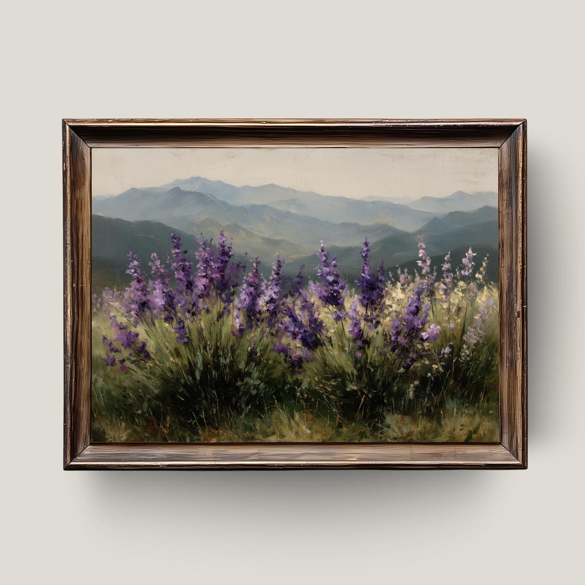 Purple Wildflowers Mountain Range Vintage Floral Landscape Print