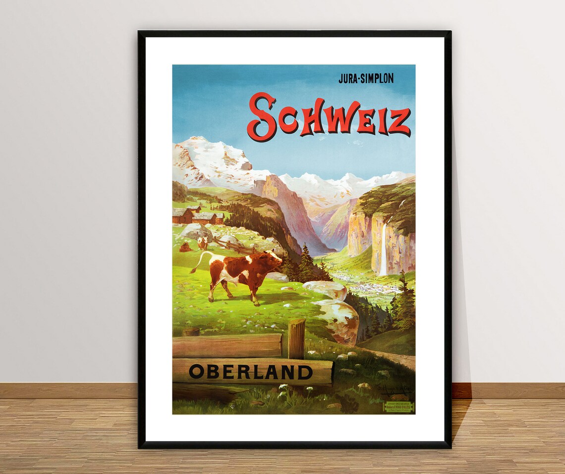 Schweiz Oberland Alpine Cow Meadow Waterfall Railway Travel Poster - Image 2
